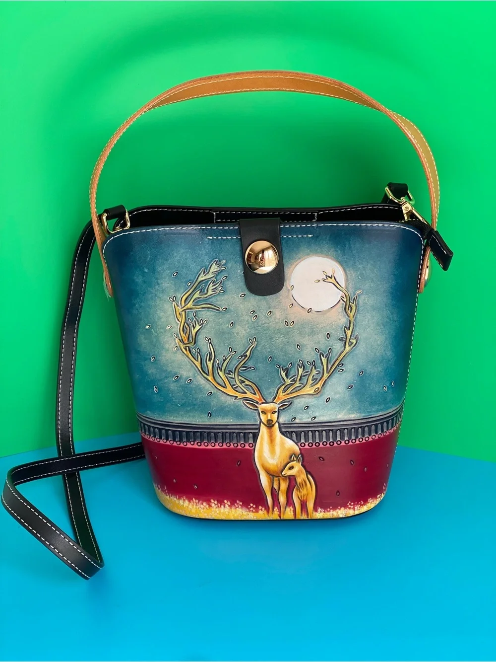 Leather Hand Tooled Hand-Painted Deer Bucket Shoulder Bag in Teal & Burgundy NWT